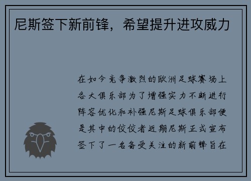尼斯签下新前锋，希望提升进攻威力