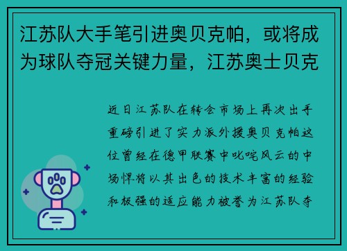 江苏队大手笔引进奥贝克帕，或将成为球队夺冠关键力量，江苏奥士贝克新能源股份有限公司