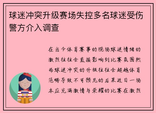 球迷冲突升级赛场失控多名球迷受伤警方介入调查