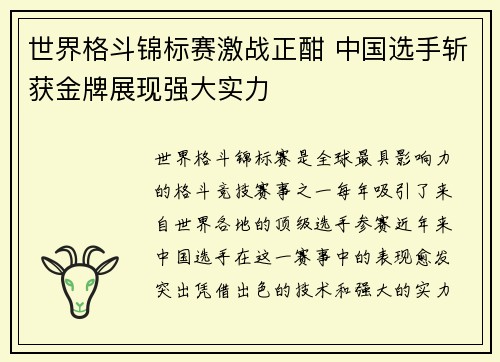 世界格斗锦标赛激战正酣 中国选手斩获金牌展现强大实力