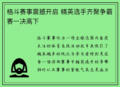 格斗赛事震撼开启 精英选手齐聚争霸赛一决高下