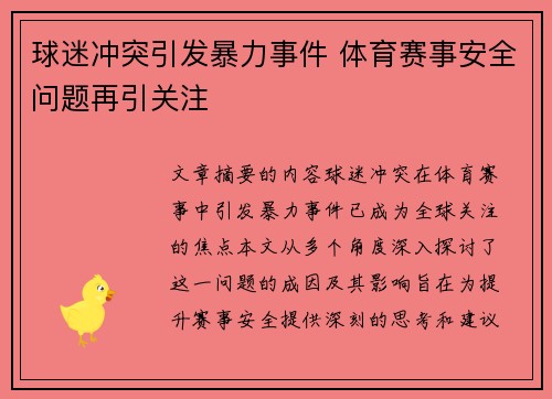 球迷冲突引发暴力事件 体育赛事安全问题再引关注