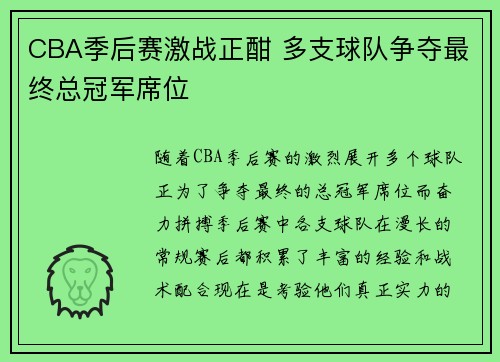CBA季后赛激战正酣 多支球队争夺最终总冠军席位